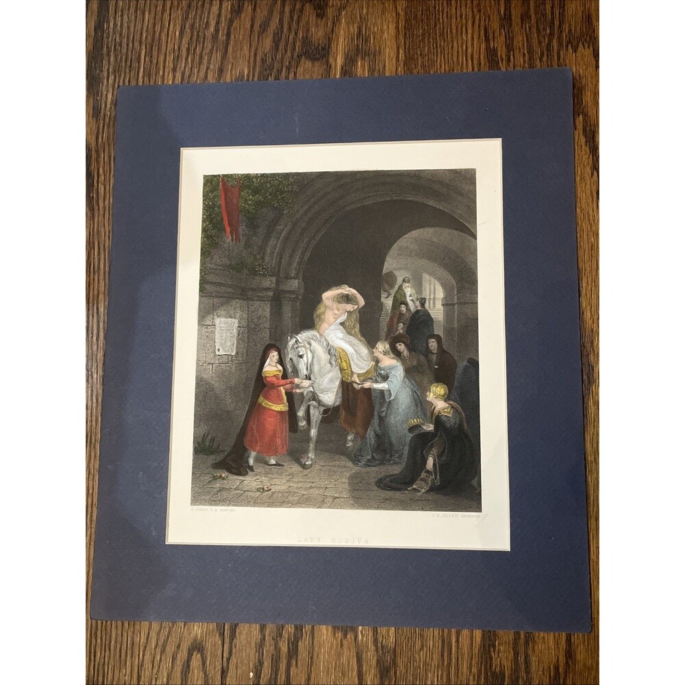 Old Antique Print English Art Lady Godiva Print Color G. Jones Romantic Medieval